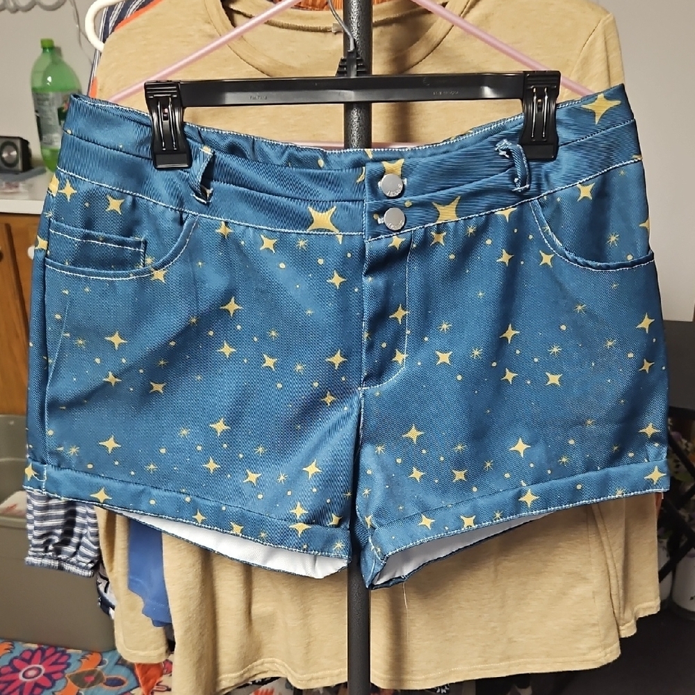 Blue and Yellow Star Print Jean Shorts - Picture 1 of 5